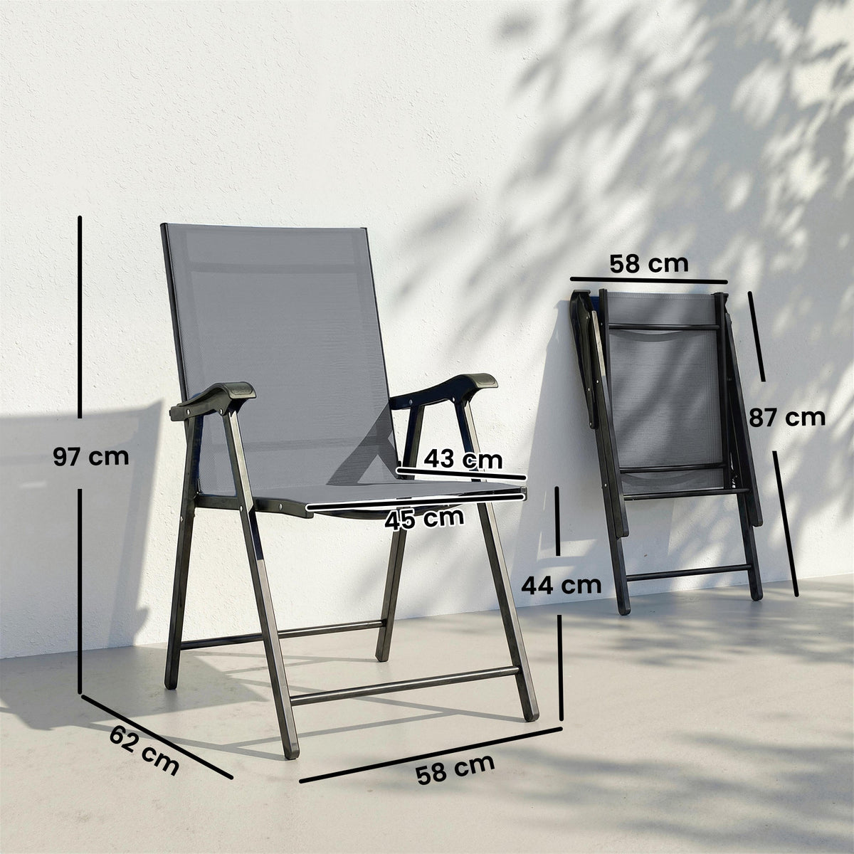 Set of 2 Folding Garden Chairs with High Back and Armrests, Light Grey — product view 5