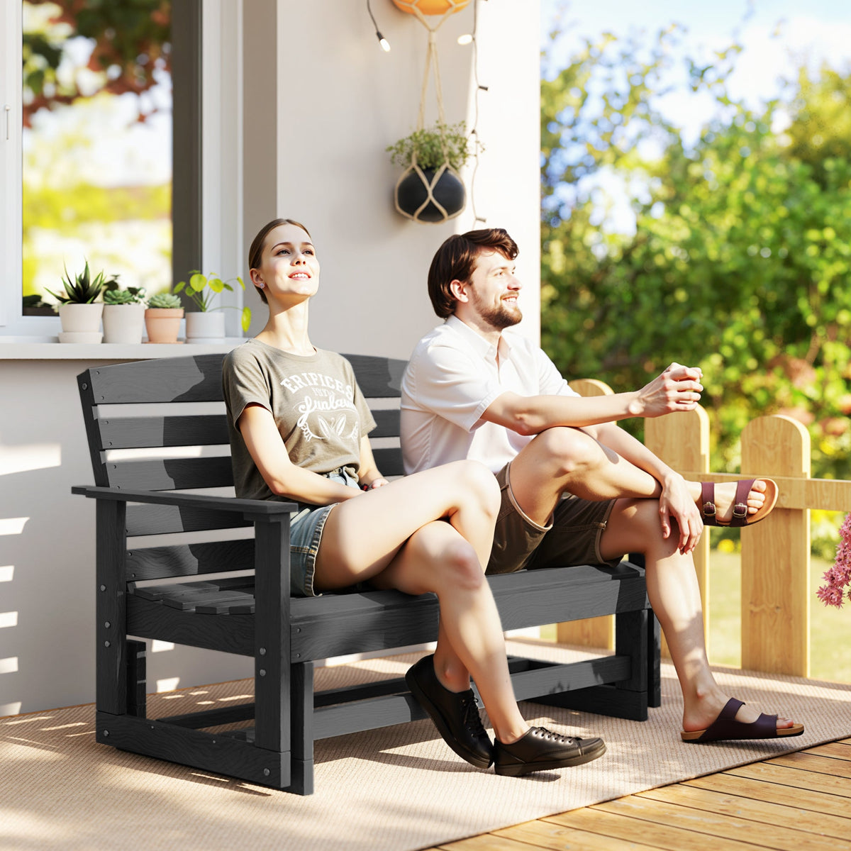 2-Person Patio Double Swing Rocking Chair Loveseat w/ Slatted HDPE Frame, Distressed Black — product view 3