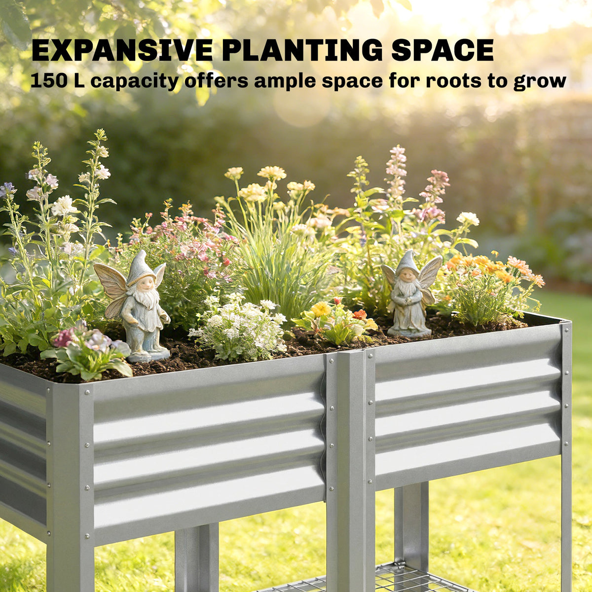 Galvanized Steel Raised Garden Bed with Legs and Storage Shelf, Silver — product view 6