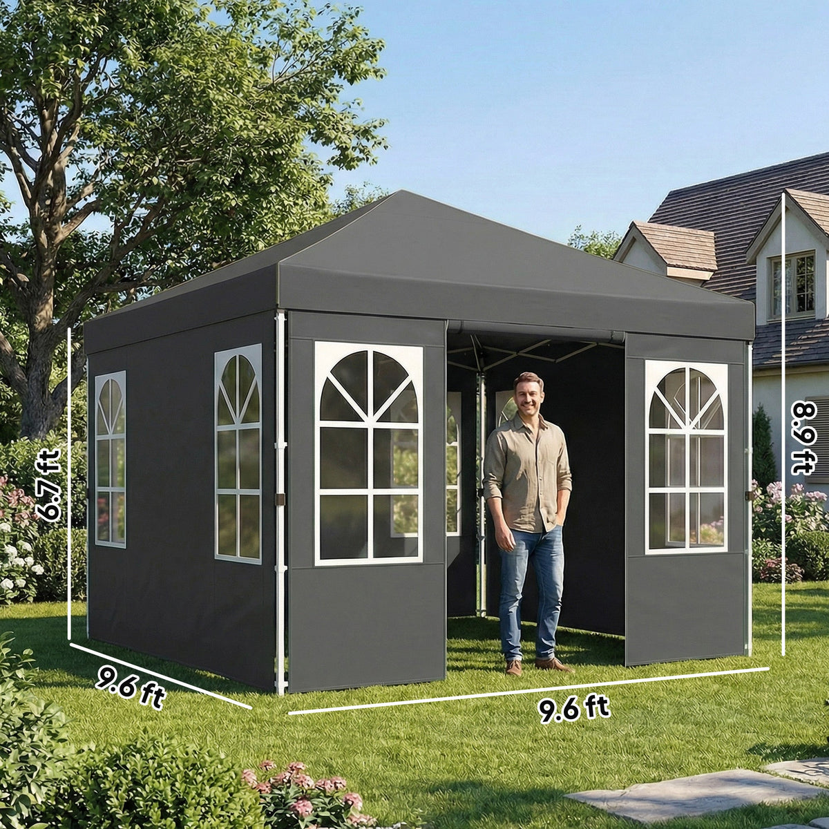 9.6' x 9.6' Pop Up Canopy Tent with Sidewalls, Dark Gray — product view 5