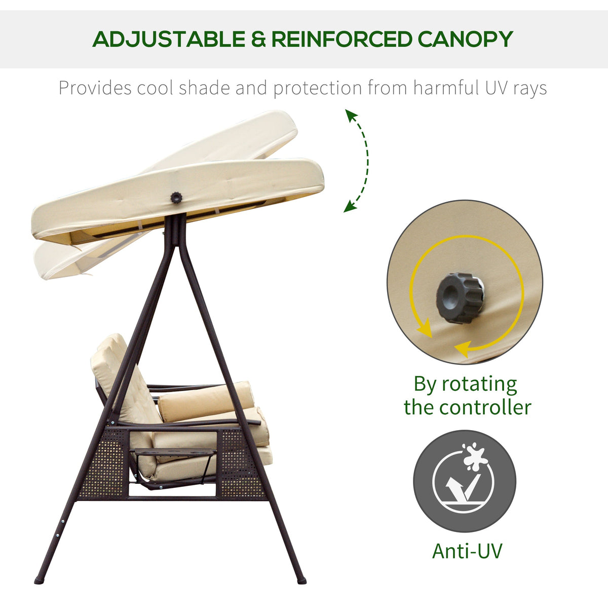 3 Seater Canopy Swing Chair with Cushions & Cup Trays, Beige — product view 6