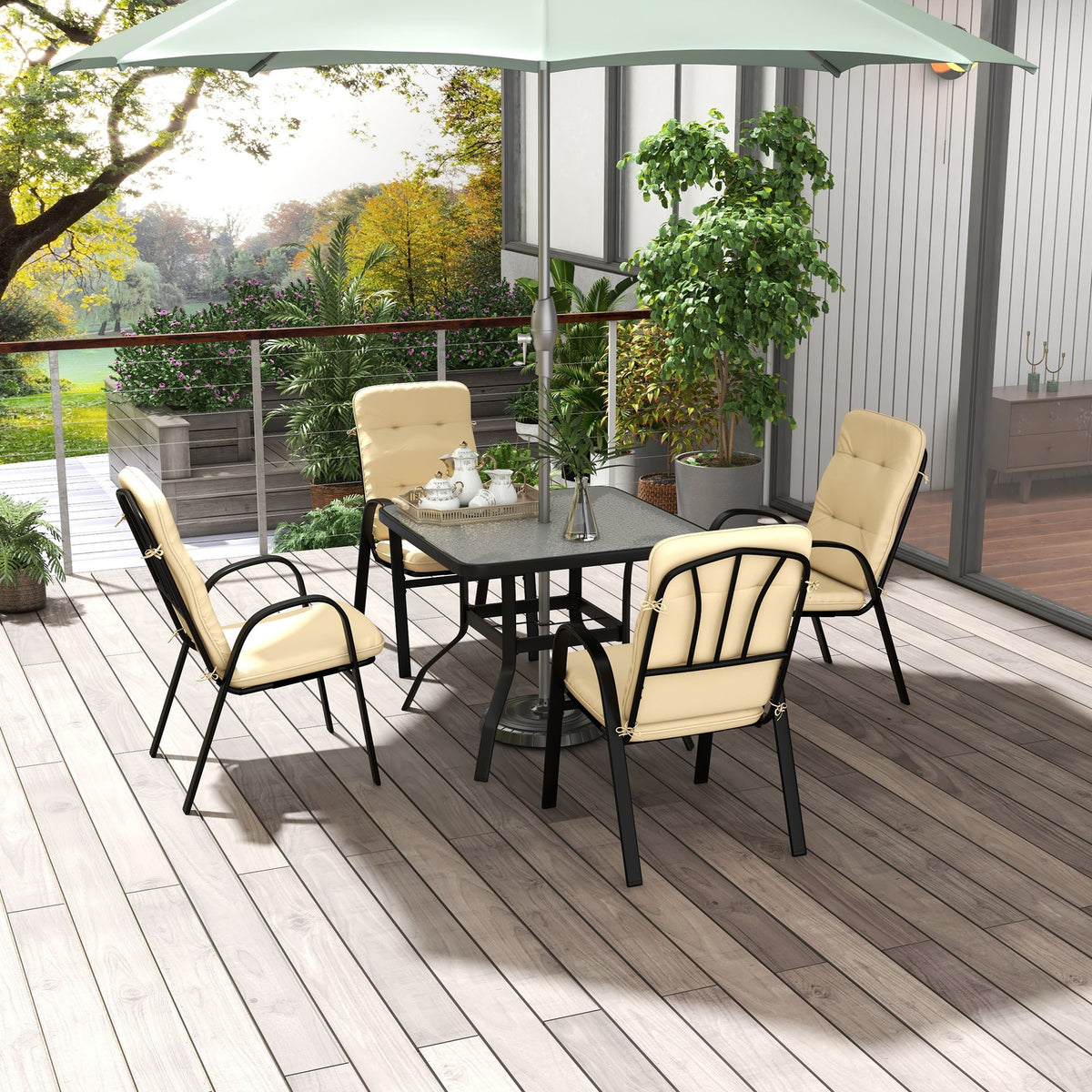 5 Piece Garden Dining Set with Square Glass Table & 4 Cushioned Chairs, Beige — product view 4