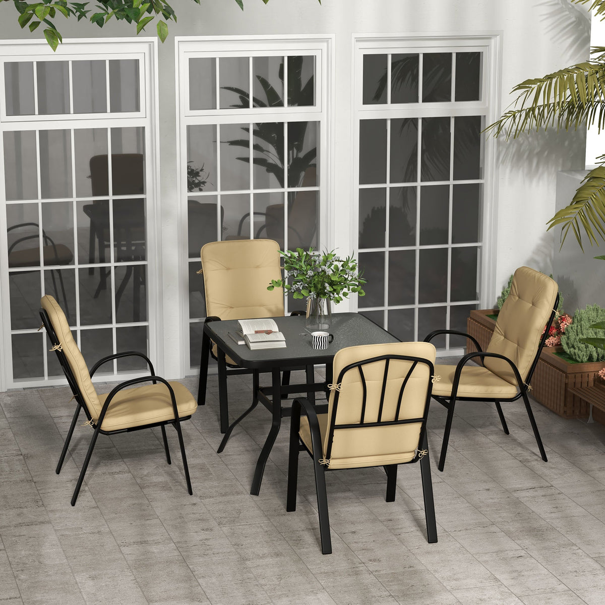5 Piece Garden Dining Set with Square Glass Table & 4 Cushioned Chairs, Beige — product view 3