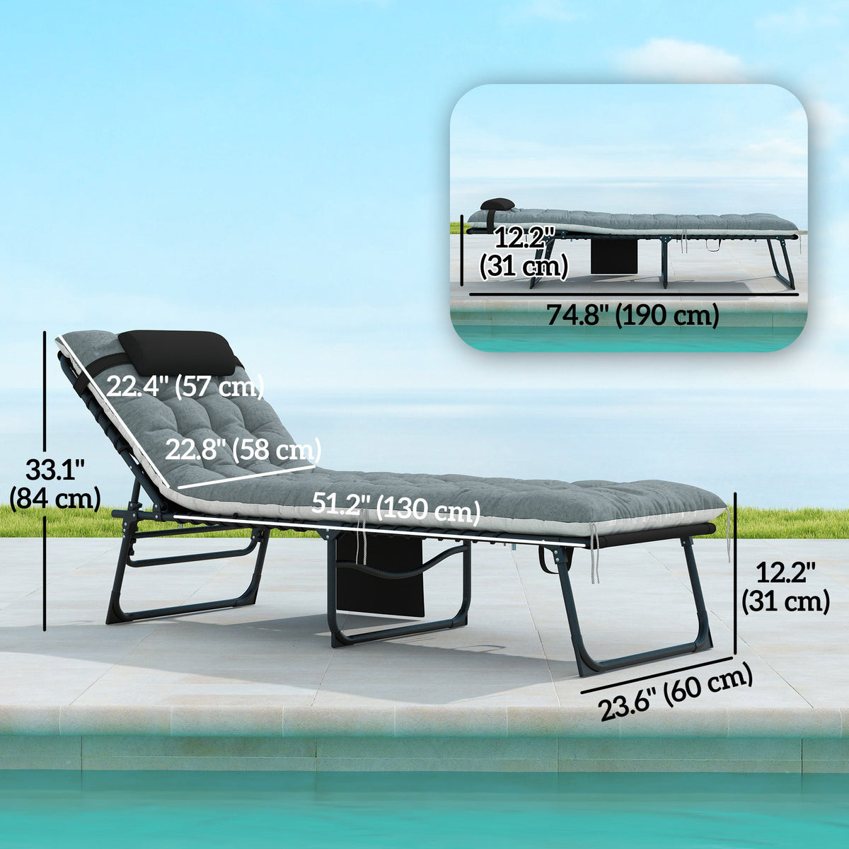 Set of 2 Folding Lounge Chairs with Cushion and Side Pocket, Black/Grey — product view 5