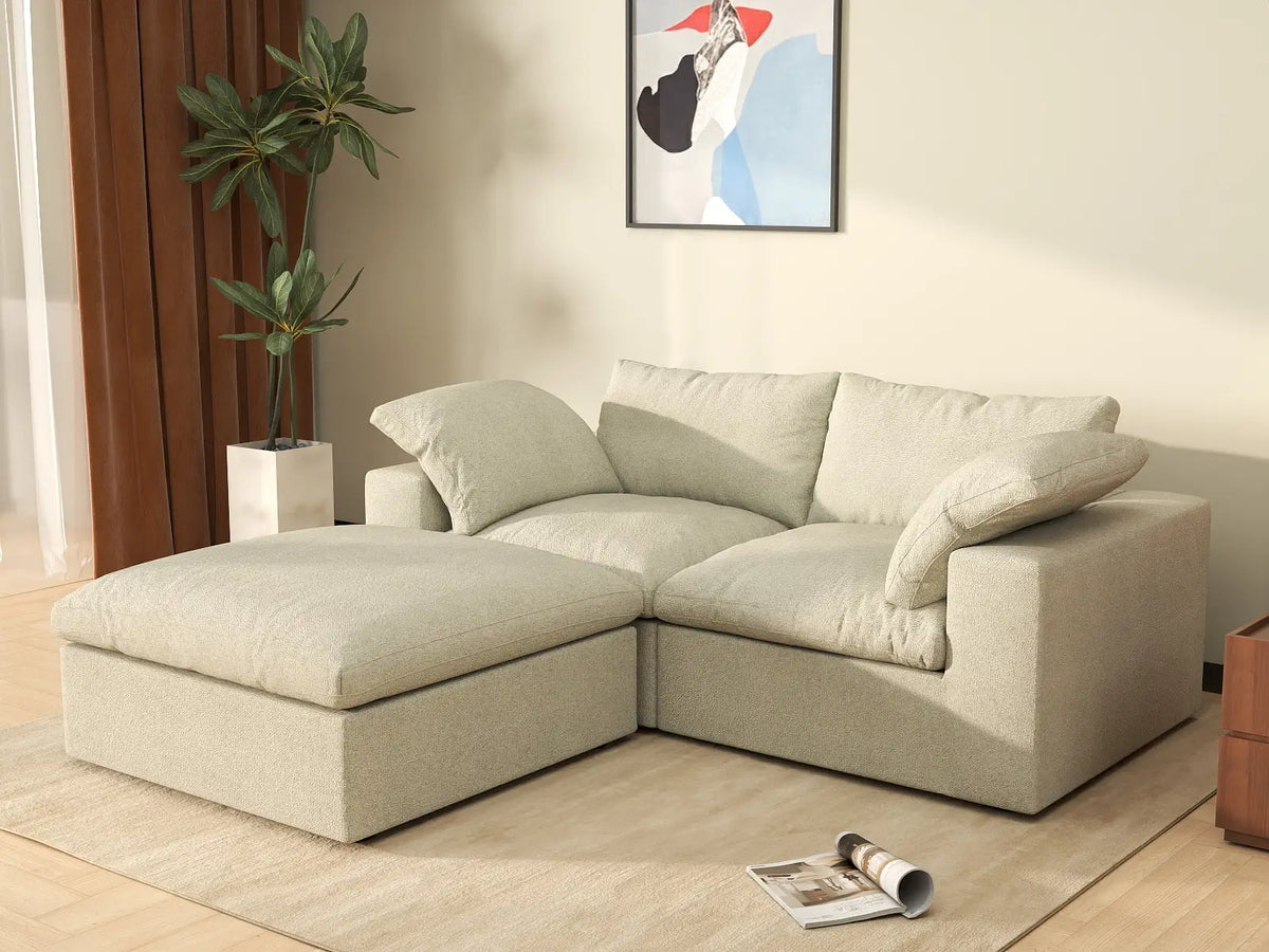 Deluxe Cloud 2-Seater Khaki Storage Chaise Sectional | 3-Piece (includes 1 Ottoman), Cotton and Linen Fabric, Washable Covers — product view 3