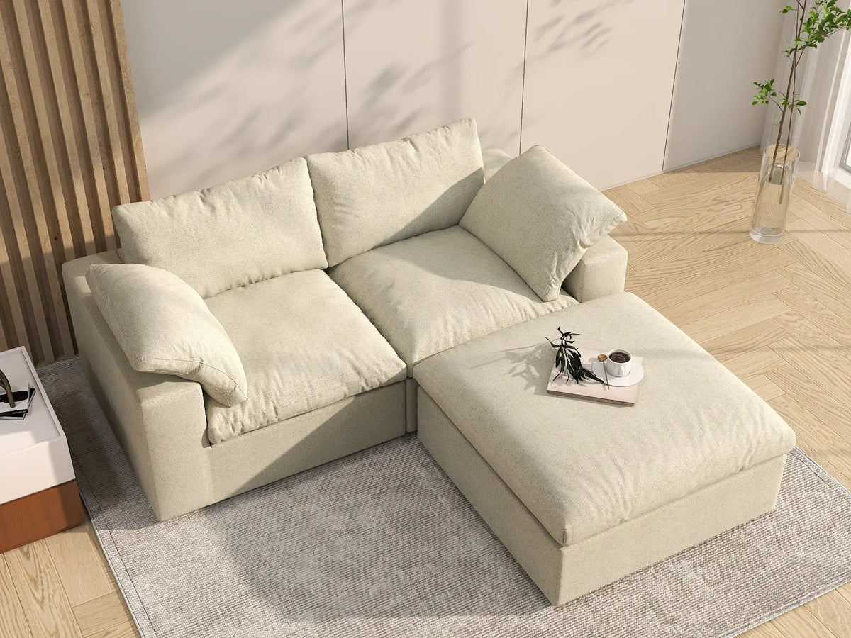 Deluxe Cloud 2-Seater Khaki Storage Chaise Sectional | 3-Piece (includes 1 Ottoman), Cotton and Linen Fabric, Washable Covers — product view 6