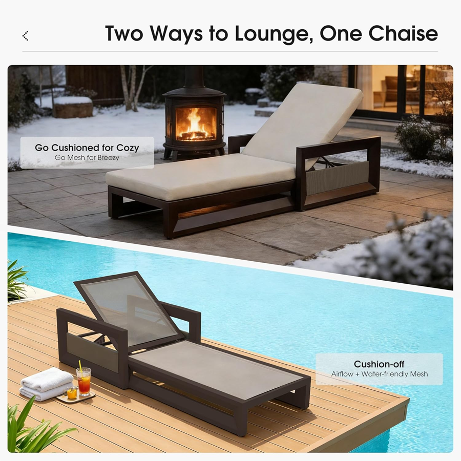 PURPLE LEAF Caesar Outdoor Chaise Lounge 2 in 1 Design Reclining Lounger Chair with Cushion Deluxe Aluminum Oversize Pool Lounge Chairs with Armrests & Backrest for Patio Poolside Backyard — product view 4