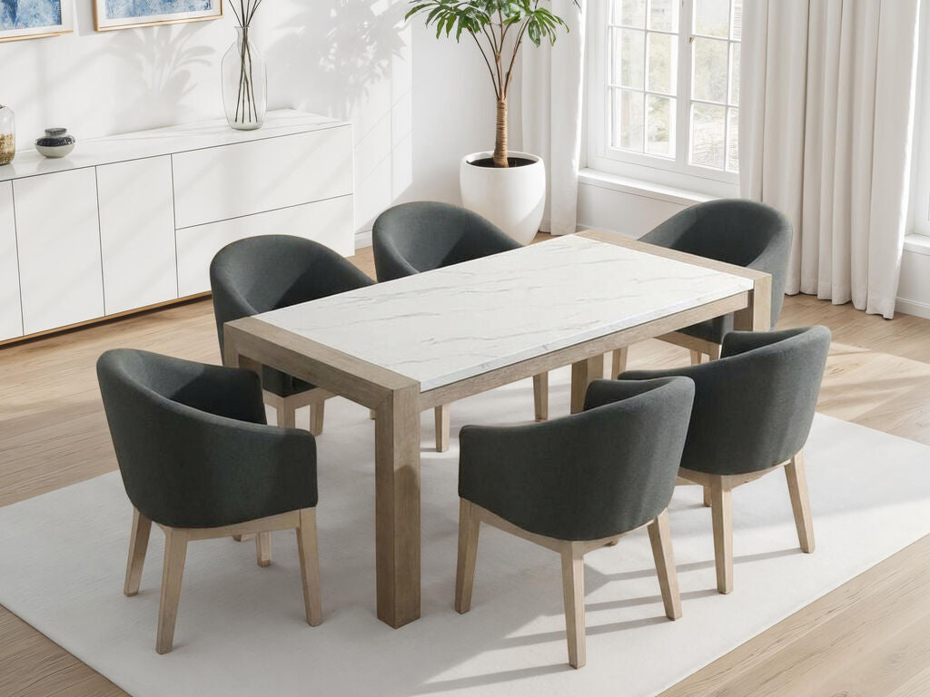 30060-4-7PC Tabitha 7-Piece Light Oak Wood Dining Table Set with White Faux Marble Top & 6 Padded Barrel Back Chairs — product view 1
