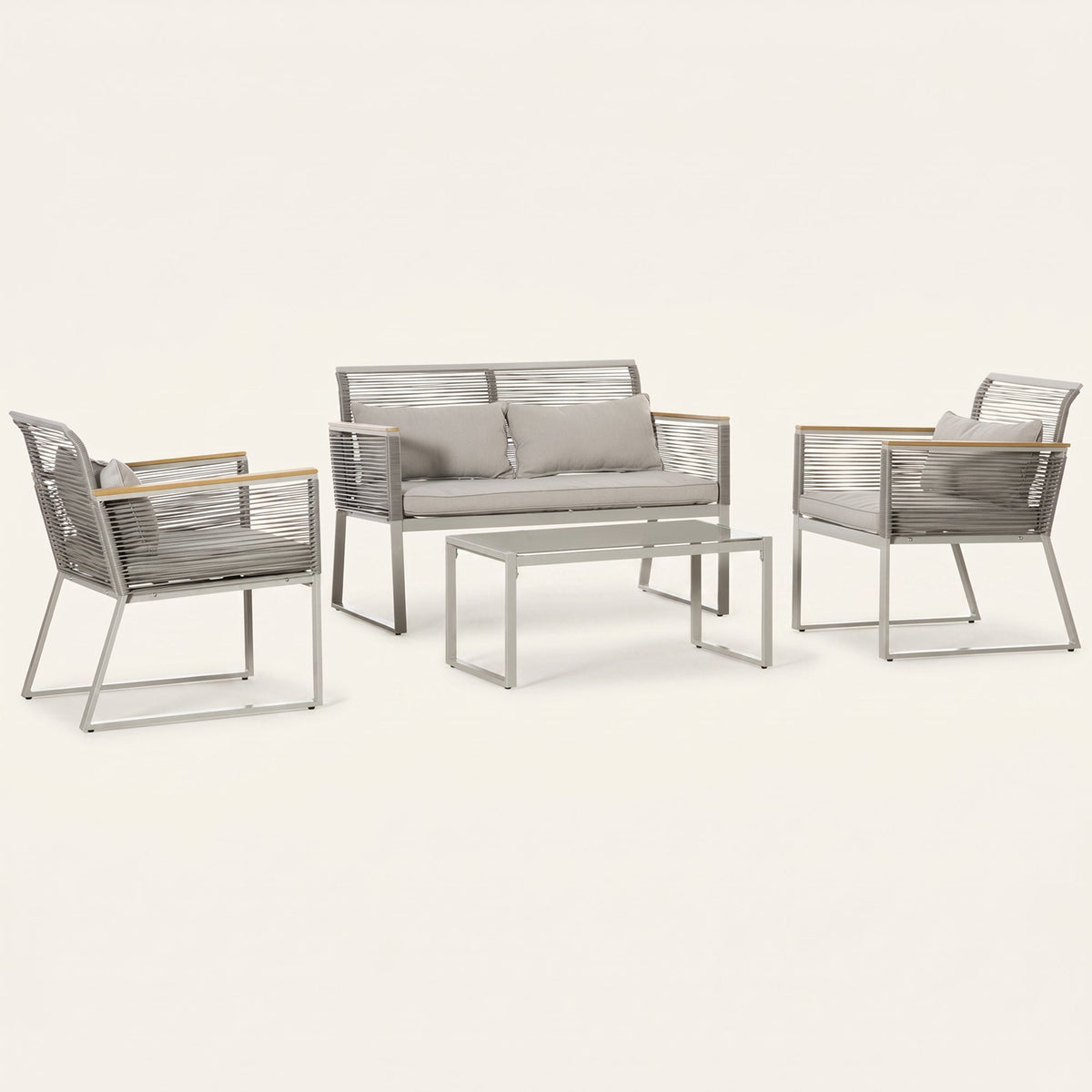 ARVOYA 4 Piece Rattan Garden Furniture Set with Cushions & Glass Top Table, Grey — product view 1