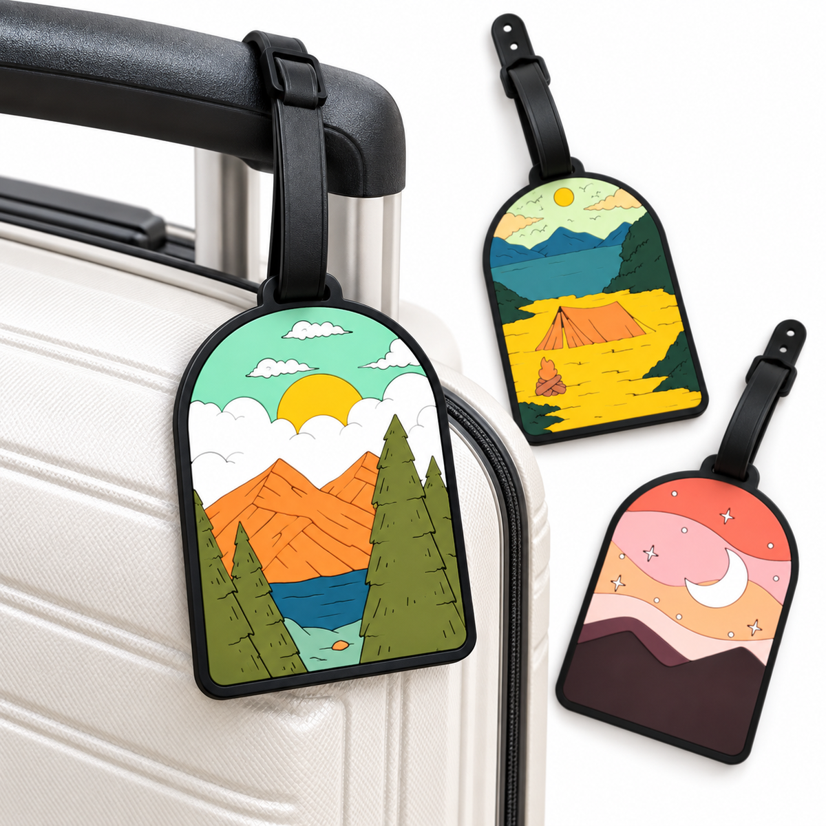 Illustrated Luggage Tag with Sunrise Mountain Waterfall Design LoungeYard — product view 1