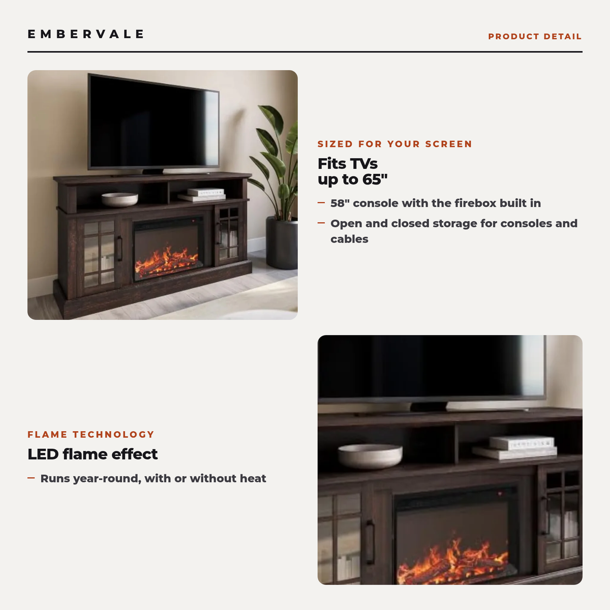 58 Inch Rustic Fireplace TV Stand with 23 Inch Electric Fireplace & Crackling Sound, Traditional Media Console for 65 Inch TVs — product view 2