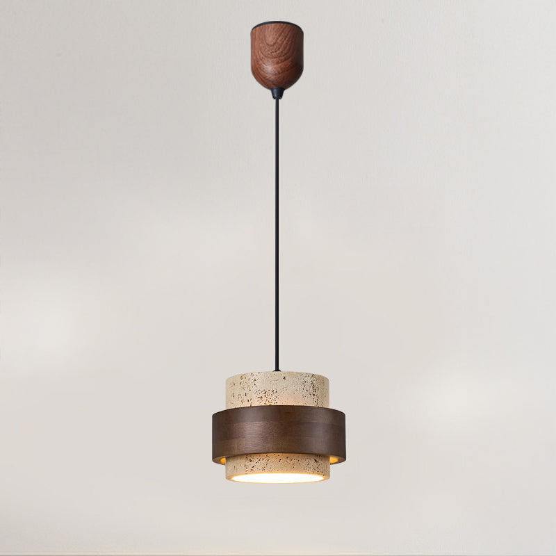 WOMO Travertine Wood Drum Pendant Light - WM3108 — product view 1