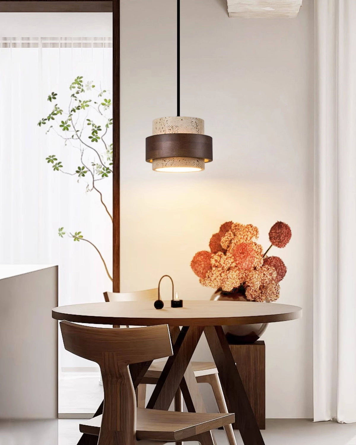 WOMO Travertine Wood Drum Pendant Light - WM3108 — product view 6