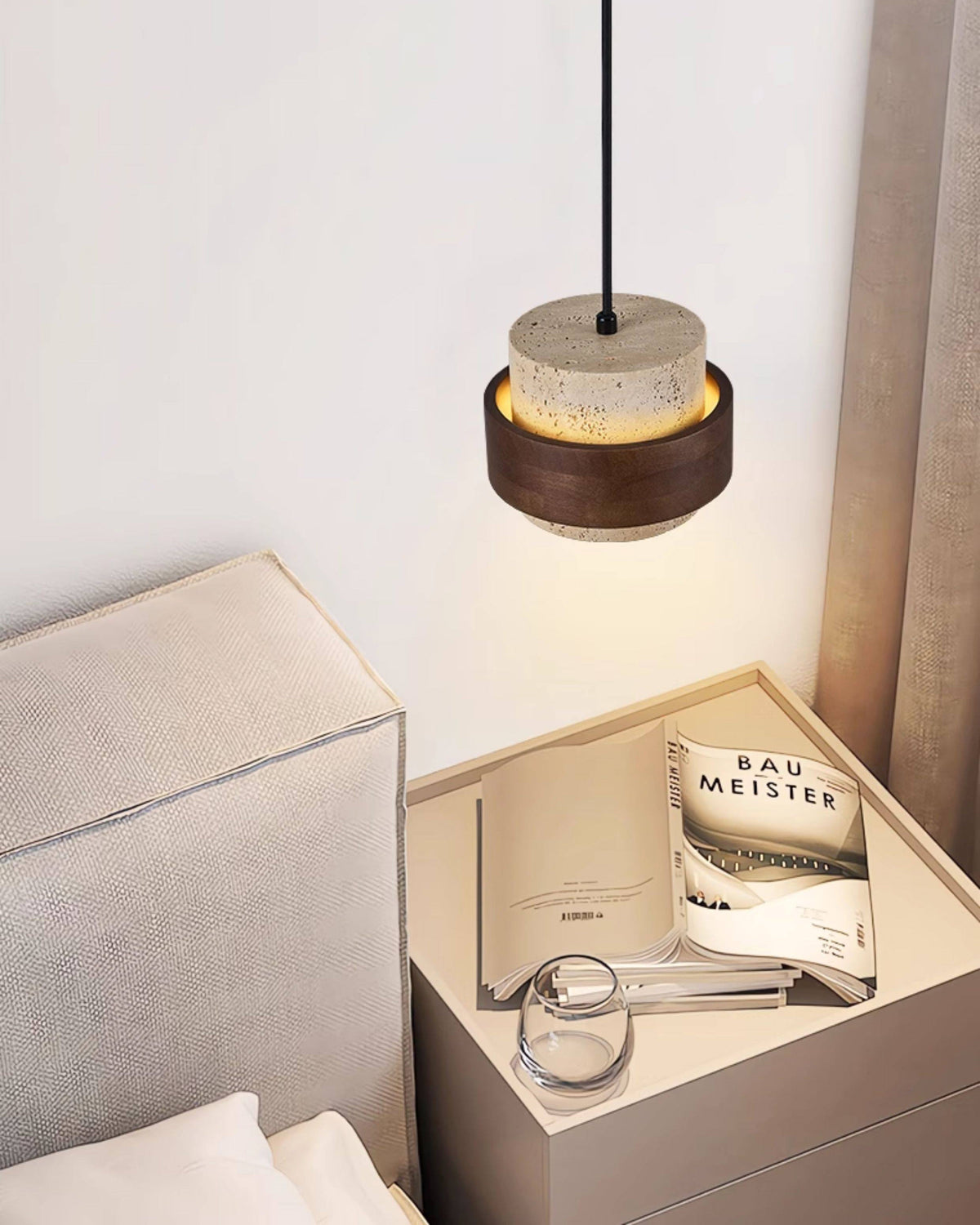 WOMO Travertine Wood Drum Pendant Light - WM3108 — product view 3