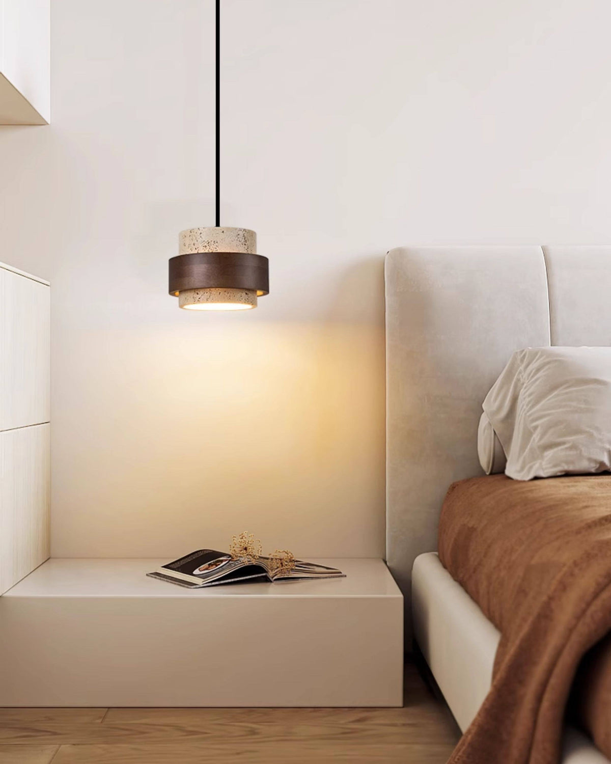 WOMO Travertine Wood Drum Pendant Light - WM3108 — product view 4