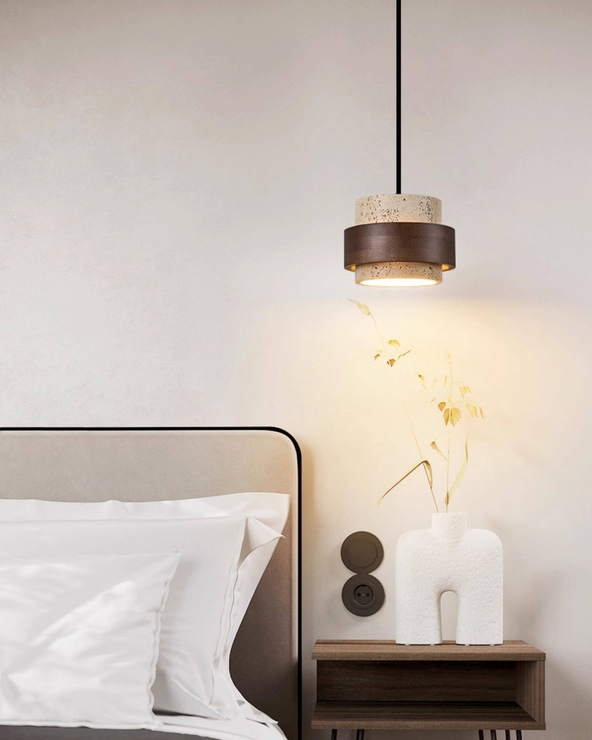 WOMO Travertine Wood Drum Pendant Light - WM3108 — product view 5