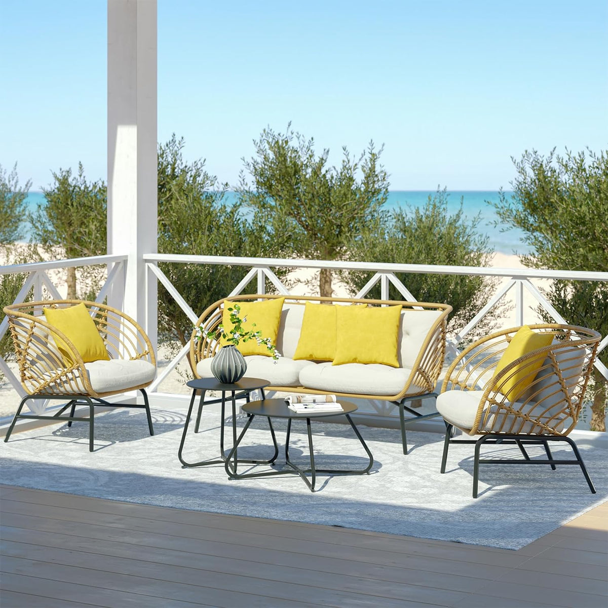 LOUNGE YARD Outdoor Wicker Sofa 5-Piece Set with Beige Thick Cushions, with Patio Coffee Table — product view 7