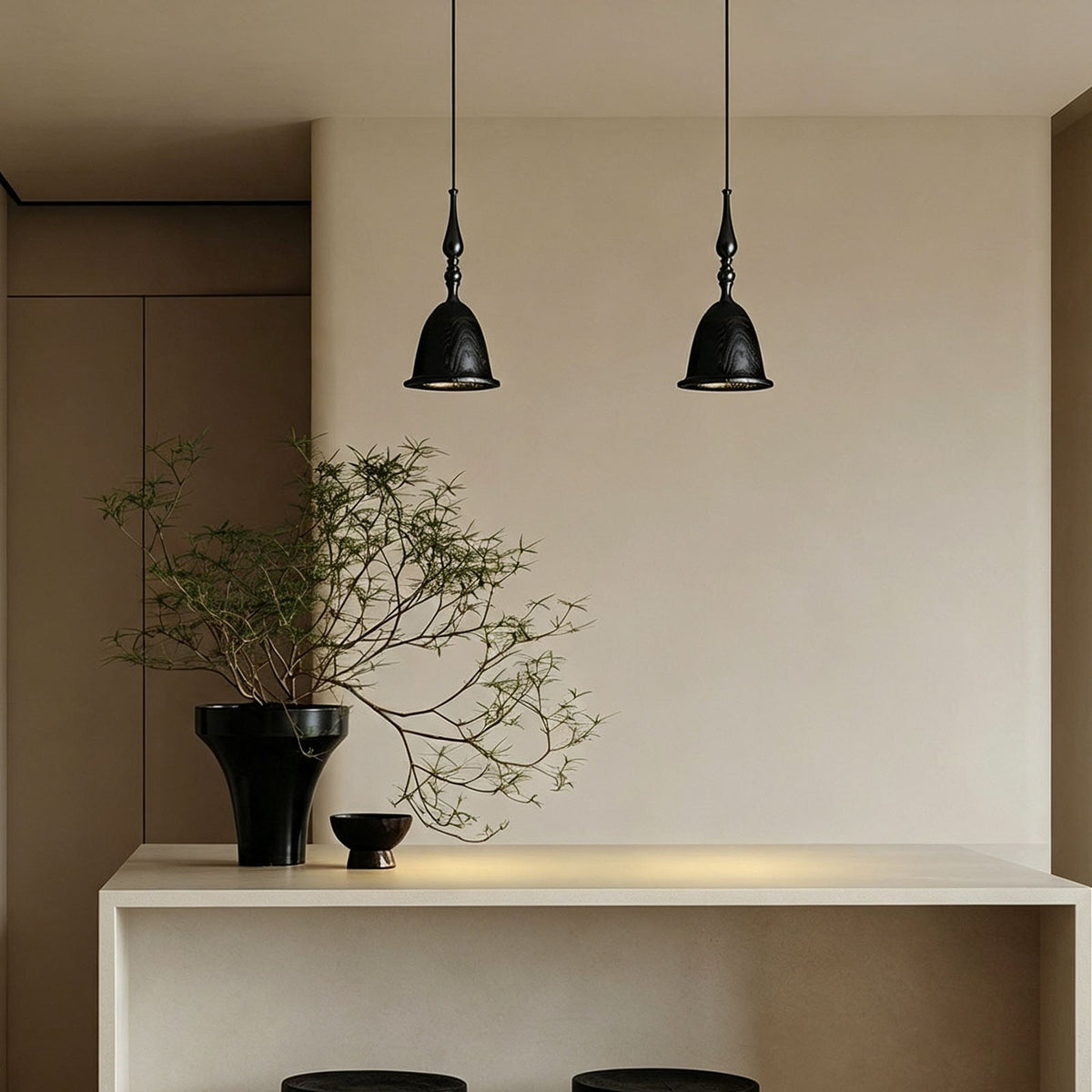 WOMO Small Wood Carved Bell Pendant Light-WM3285 — product view 2