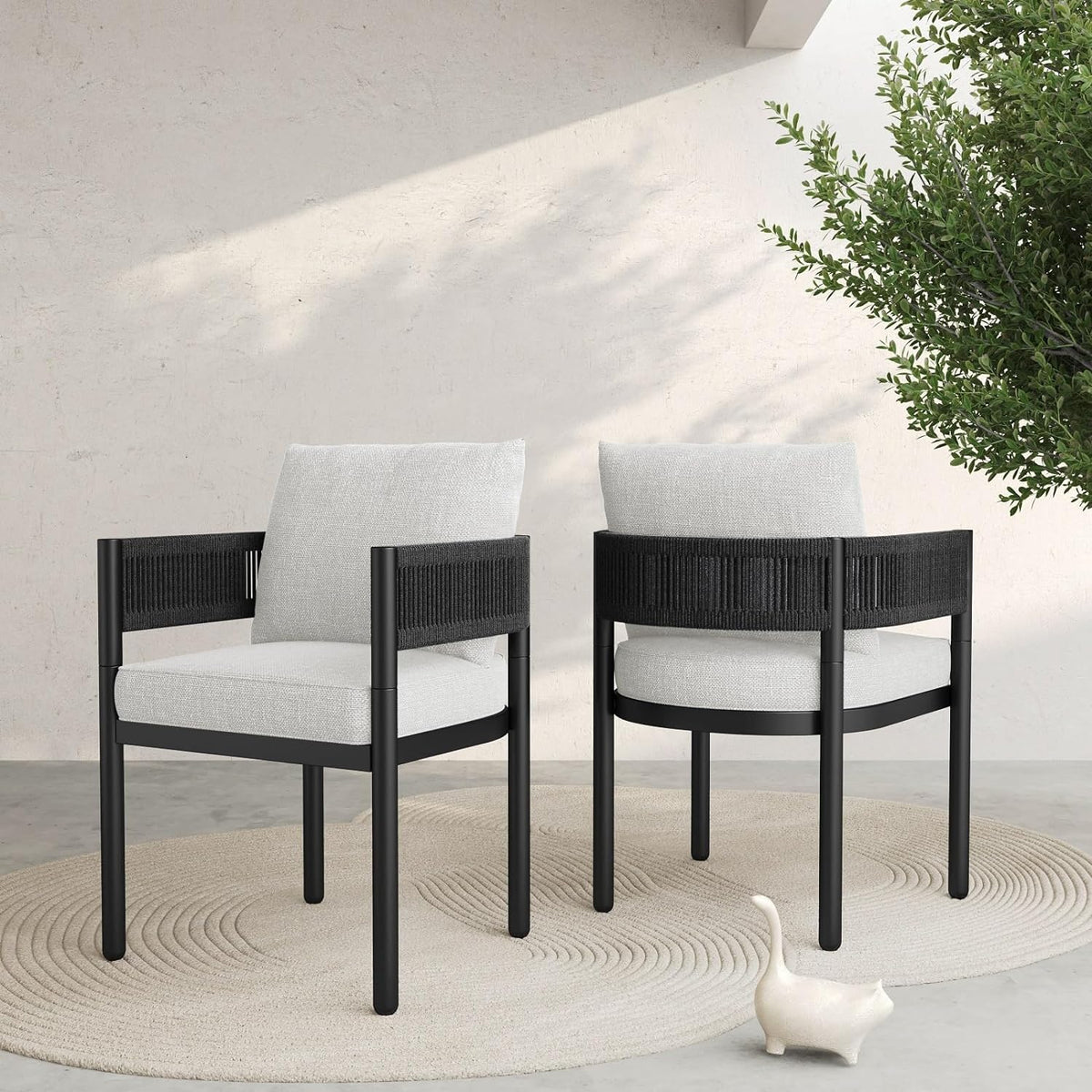 LOUNGE YARD Outdoor Dining Chair Set, Metal Woven Wicker Fixed Patio Chairs with Grey Cushions — product view 3