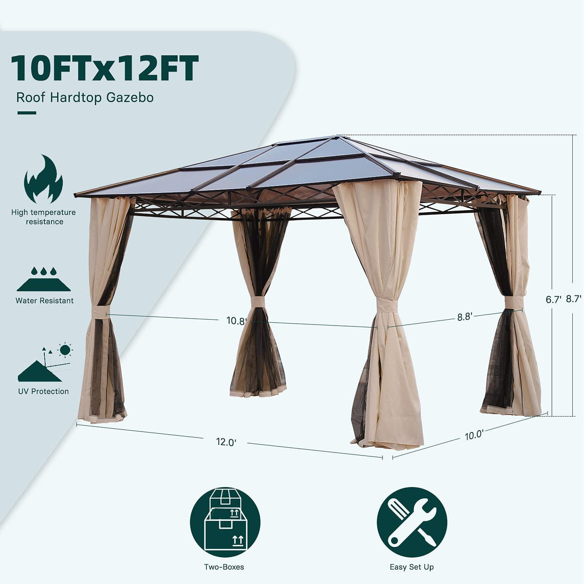 LOUNGE YARD 10x12 FT Hardtop Gazebo with Netting and Curtains - Metal Aluminum Frame — product view 4