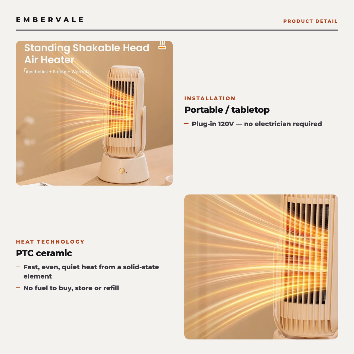 Portable Electric Space Heater, Thermostat, PTC Ceramic Heating, Overheat Protection for Desks, Bedrooms and Home Offices — product view 3