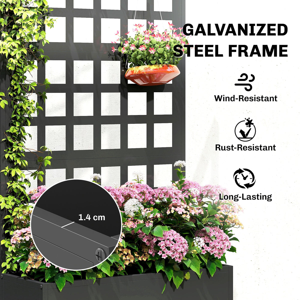 24" x 9" x 44.5" Raised Garden Bed with Trellis and Drainage, Black — product view 6
