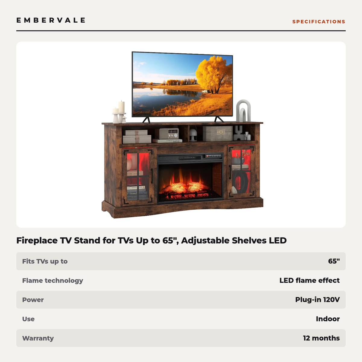 Fireplace TV Stand for TVs Up to 65", Adjustable Shelves LED Light Entertainment Center with Electric Fireplace — product view 3