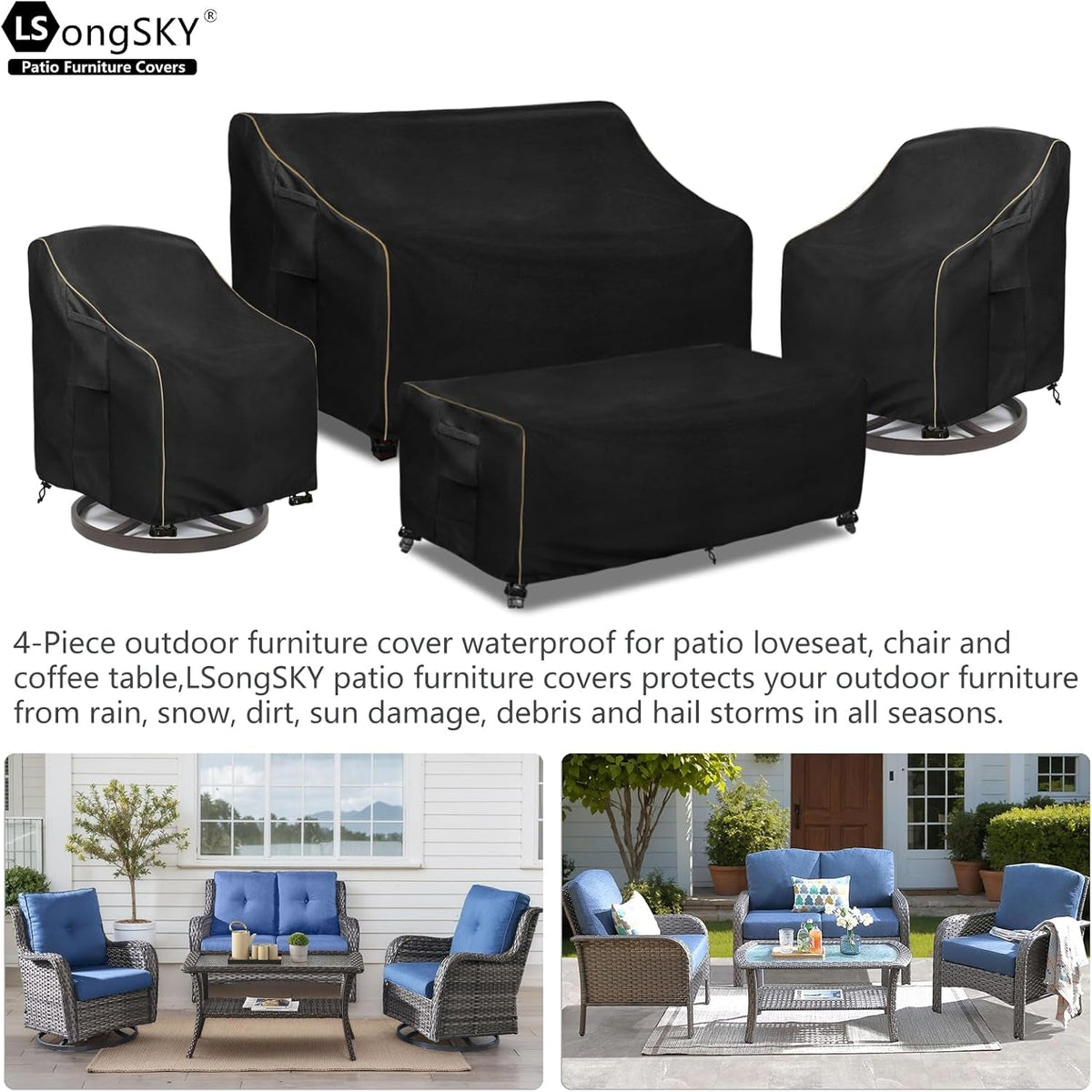 Patio Furniture Covers 4 Piece Set, 600D Heavy Duty Outdoor Furniture Covers Waterproof for Patio Loveseat, Swivel Rocker Chair and Coffee Table,Black — product view 3