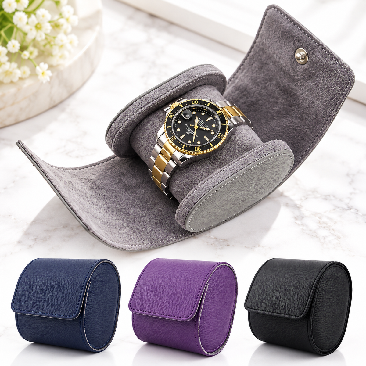 Travel Watch Roll Case with Suede-Lined Cushion and Snap Closure LoungeYard — product view 1