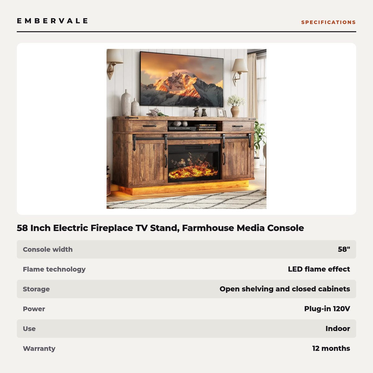 58 Inch Electric Fireplace TV Stand, Farmhouse Media Console Entertainment Center, Storage Cabinets for Living Rooms — product view 3
