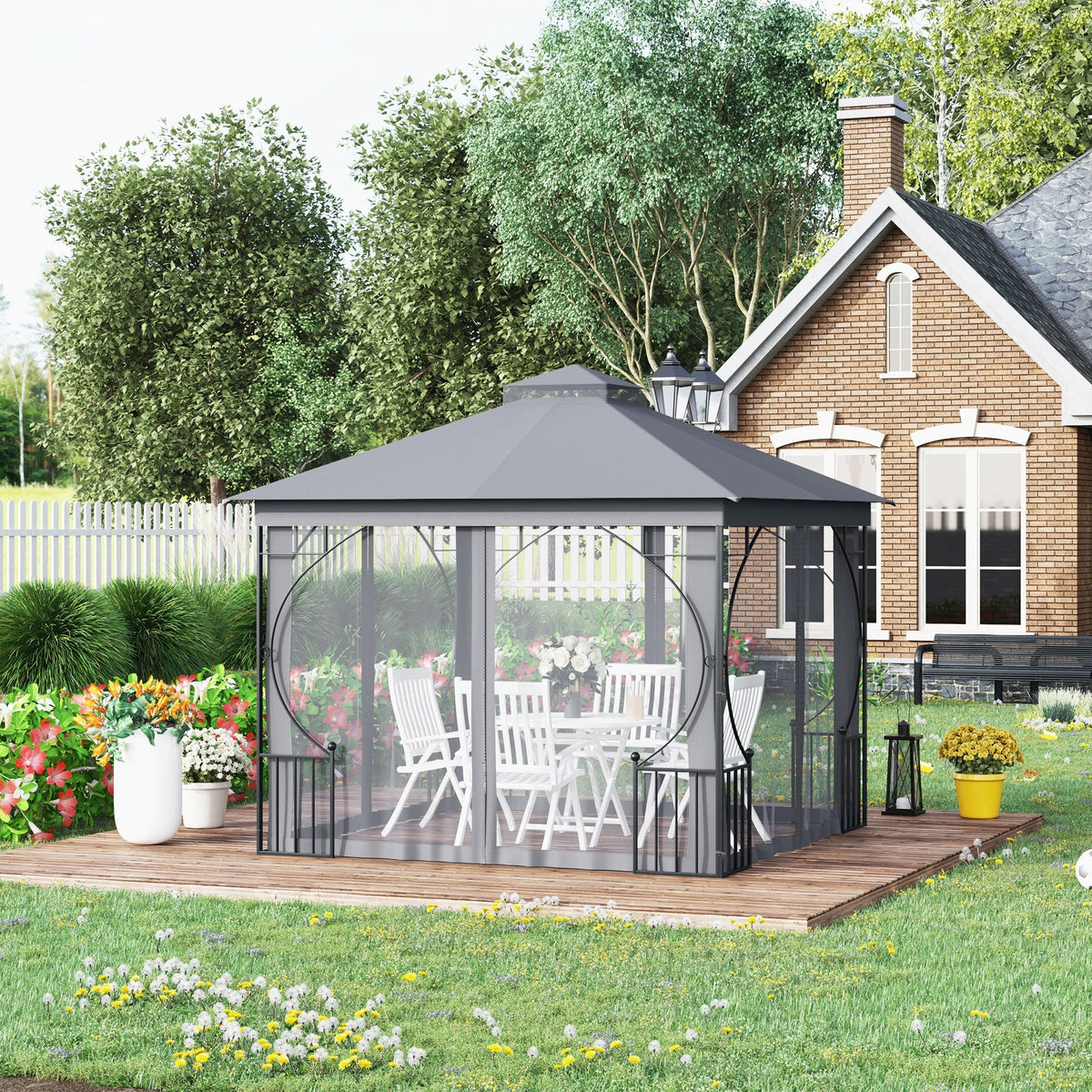 3 x 3m Garden Gazebo with Double Tier Roof & Netting, Light Grey — product view 3
