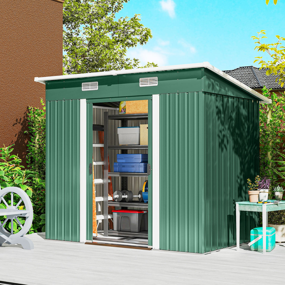 7' x 4' Outdoor Storage Shed with Lockable Double Doors, Green — product view 3