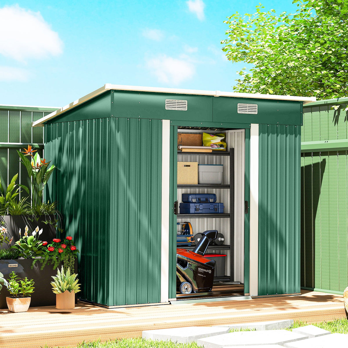 7' x 4' Outdoor Storage Shed with Lockable Double Doors, Green — product view 4