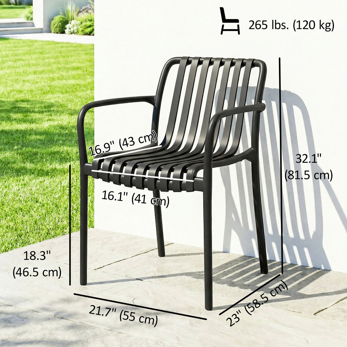 Stackable Patio Dining Chairs 4-Pack, Plastic Curved Back with Armrests, Black — product view 5