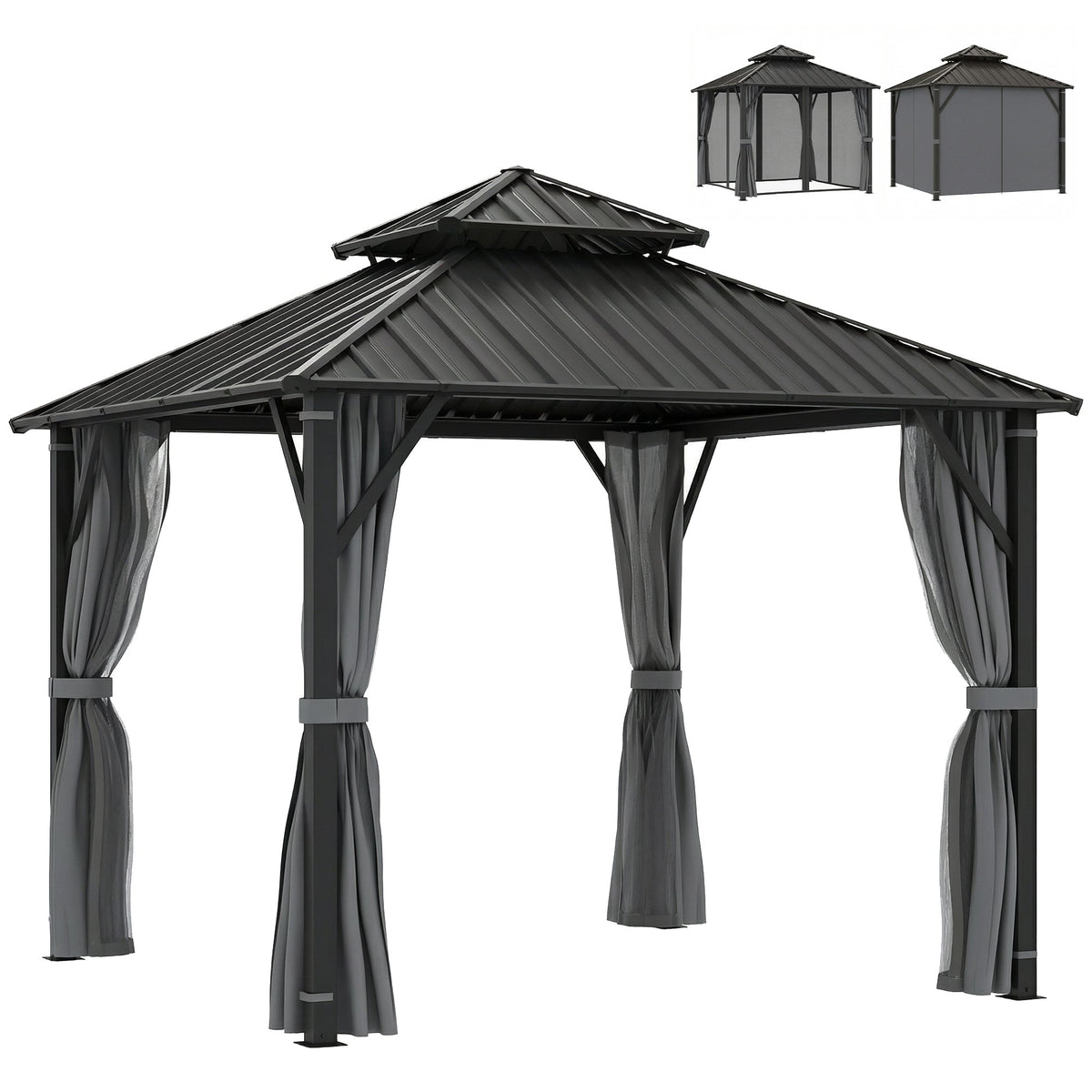 3 x 3 m Hardtop Gazebo with Double Metal Roof, Netting & Curtains, Grey — product view 1