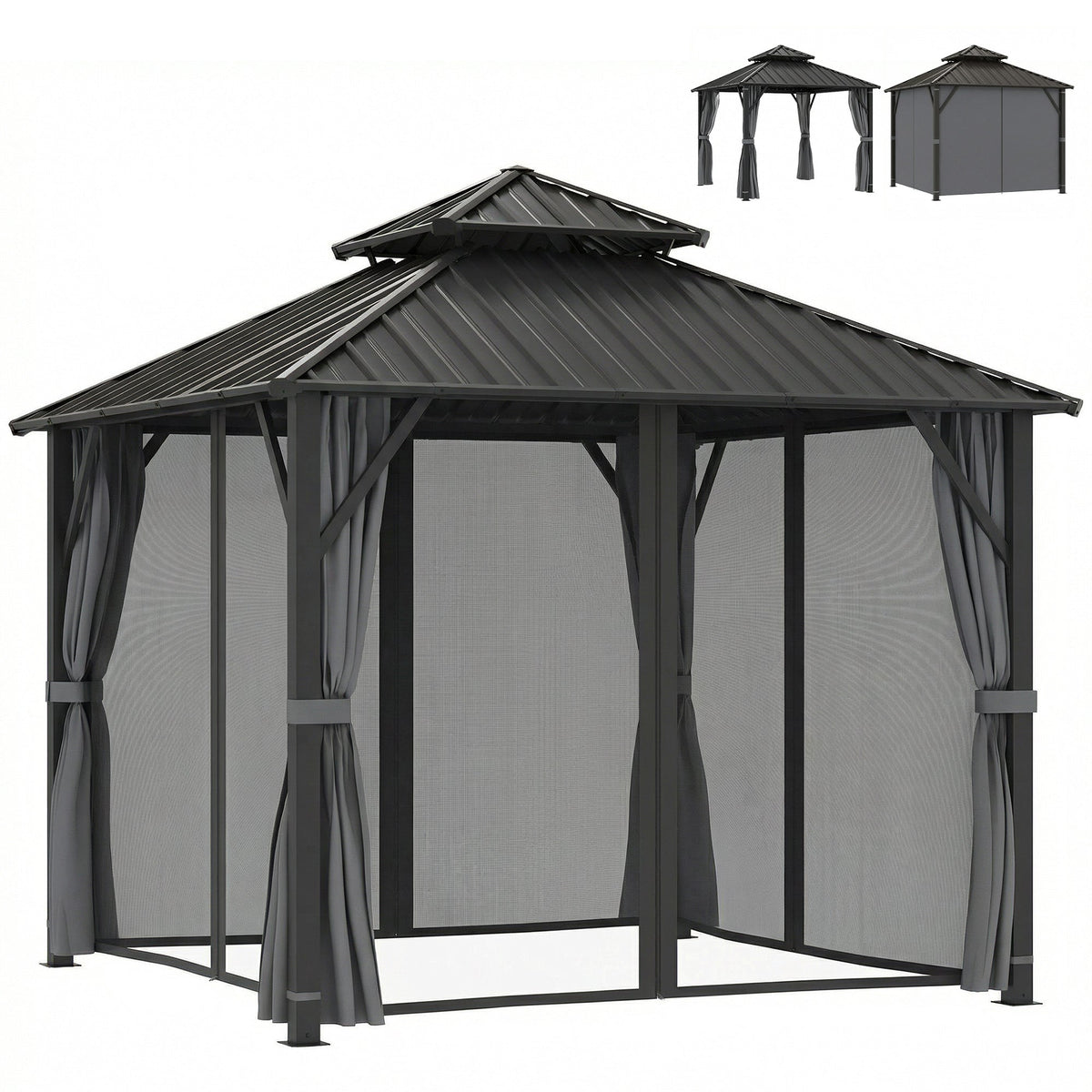 3 x 3 m Hardtop Gazebo with Double Metal Roof, Netting & Curtains, Grey — product view 2