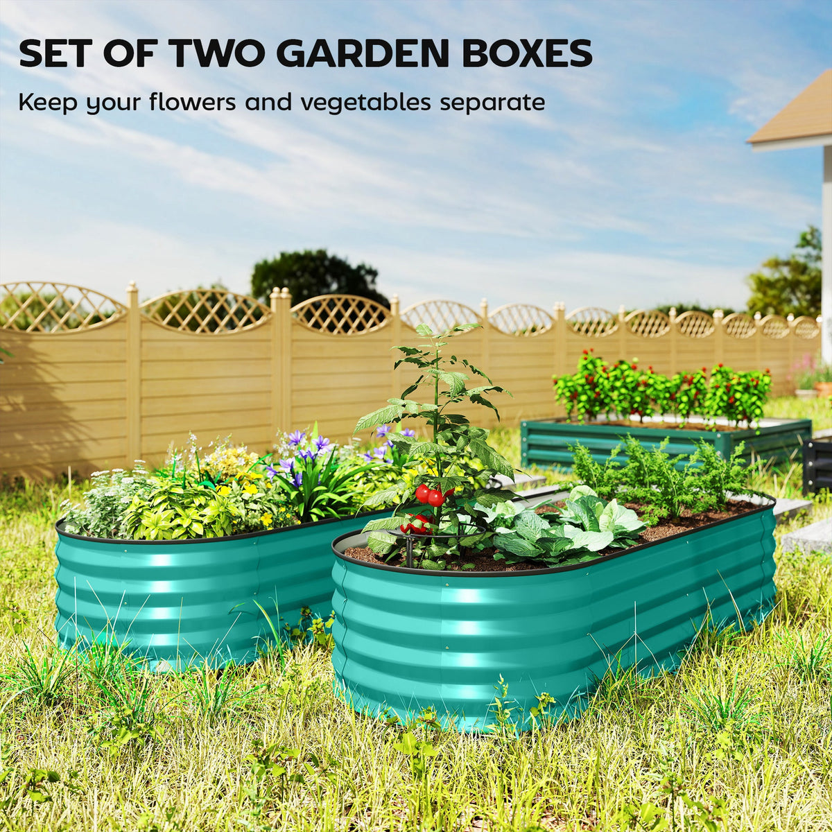 Set of 2 Galvanised Raised Beds with Stakes, 150 x 60 x 30 cm, Green — product view 6