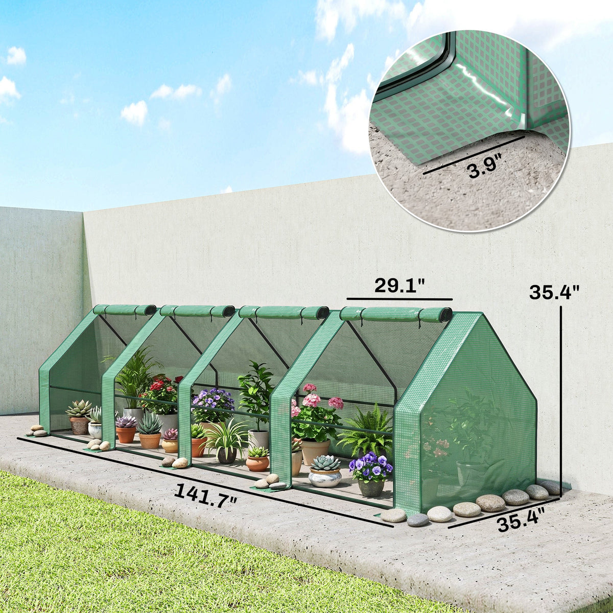 12' x 3' x 3' Portable Mini Greenhouse with Zippered Doors & Roll-up Windows, UV-Protected PE Cover, Green — product view 5