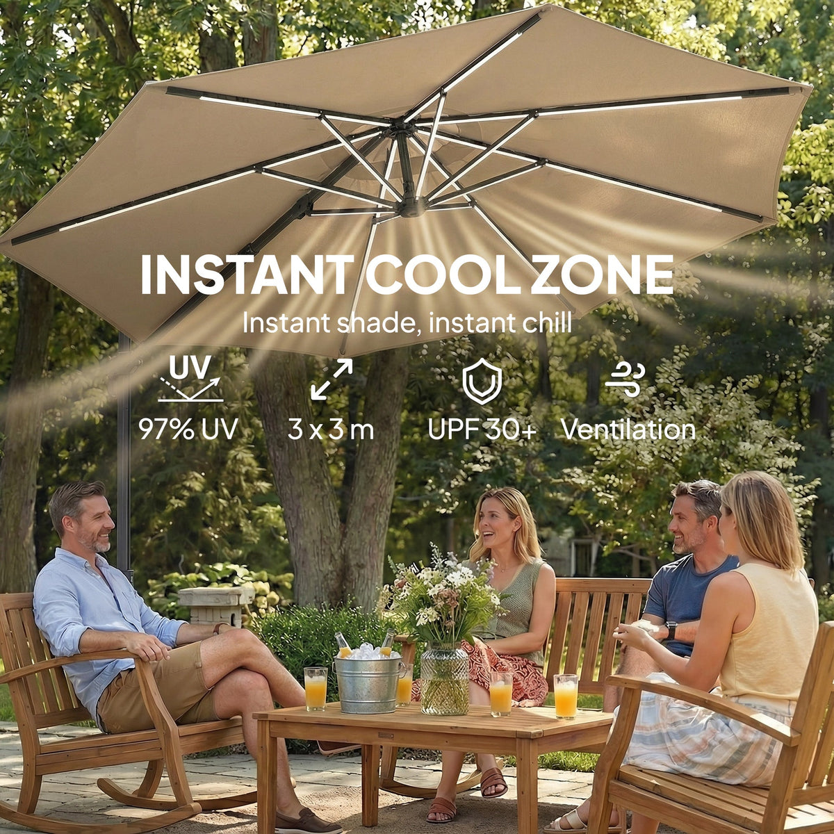 3 m Cantilever Parasol with Solar LED Light, Cover & 360° Rotation, Khaki — product view 7