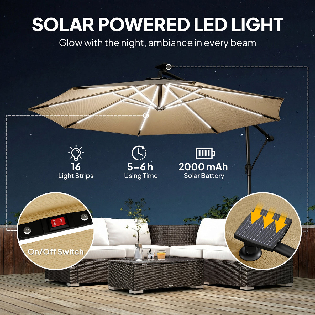 3 m Cantilever Parasol with Solar LED Light, Cover & 360° Rotation, Khaki — product view 6