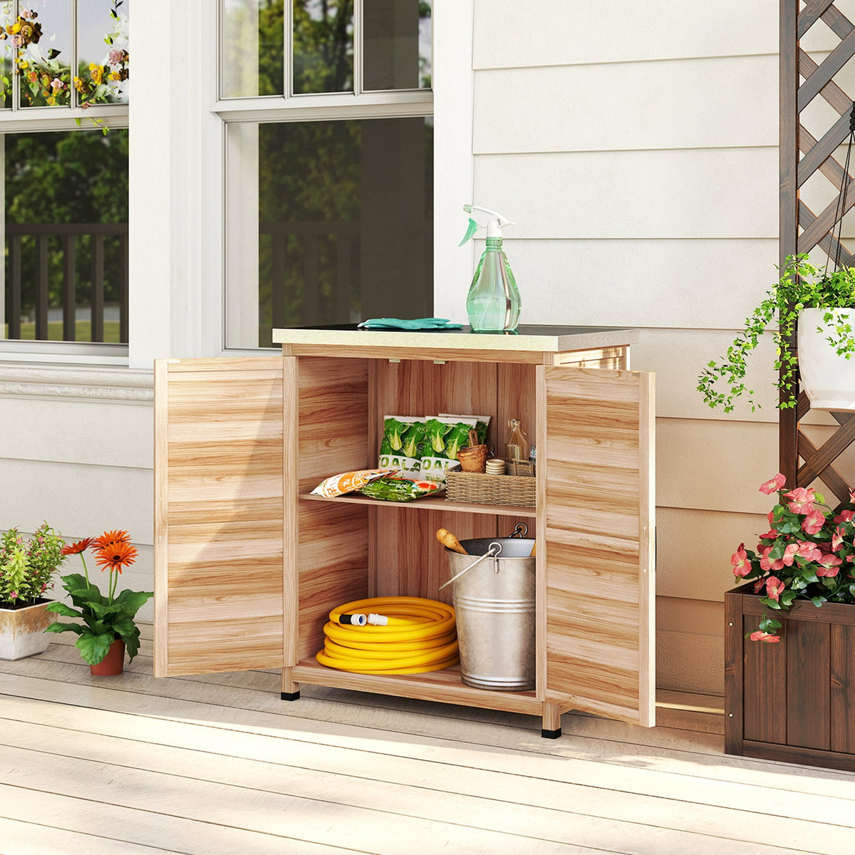 Garden Storage Cabinet with Metal Top, Shelf and Double Doors, Natural — product view 4