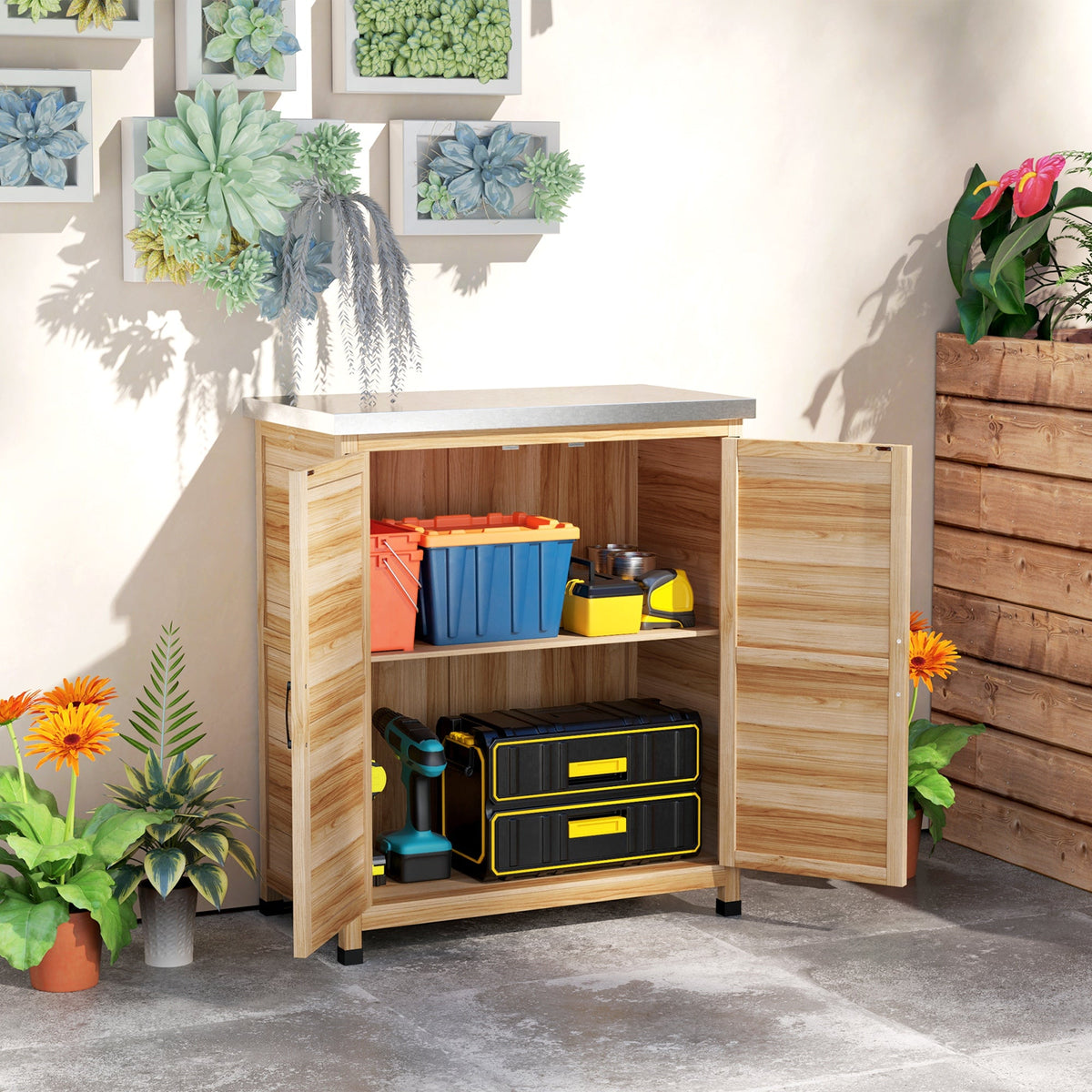 Garden Storage Cabinet with Metal Top, Shelf and Double Doors, Natural — product view 3