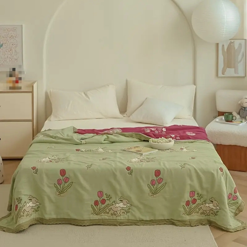 LoungeYard | Embroidered Bunny Floral Cotton Blanket — product view 2