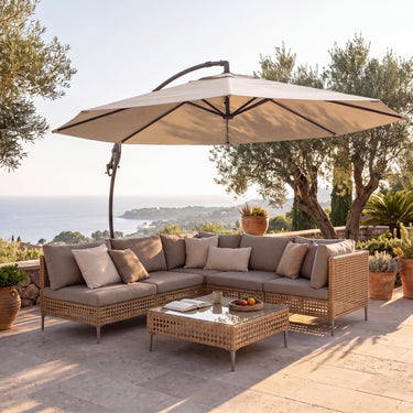 LOUNGE YARD 6-Seat Conversation Sofa Set, Wicker Outdoor Sectional with Thick Beige Cushions