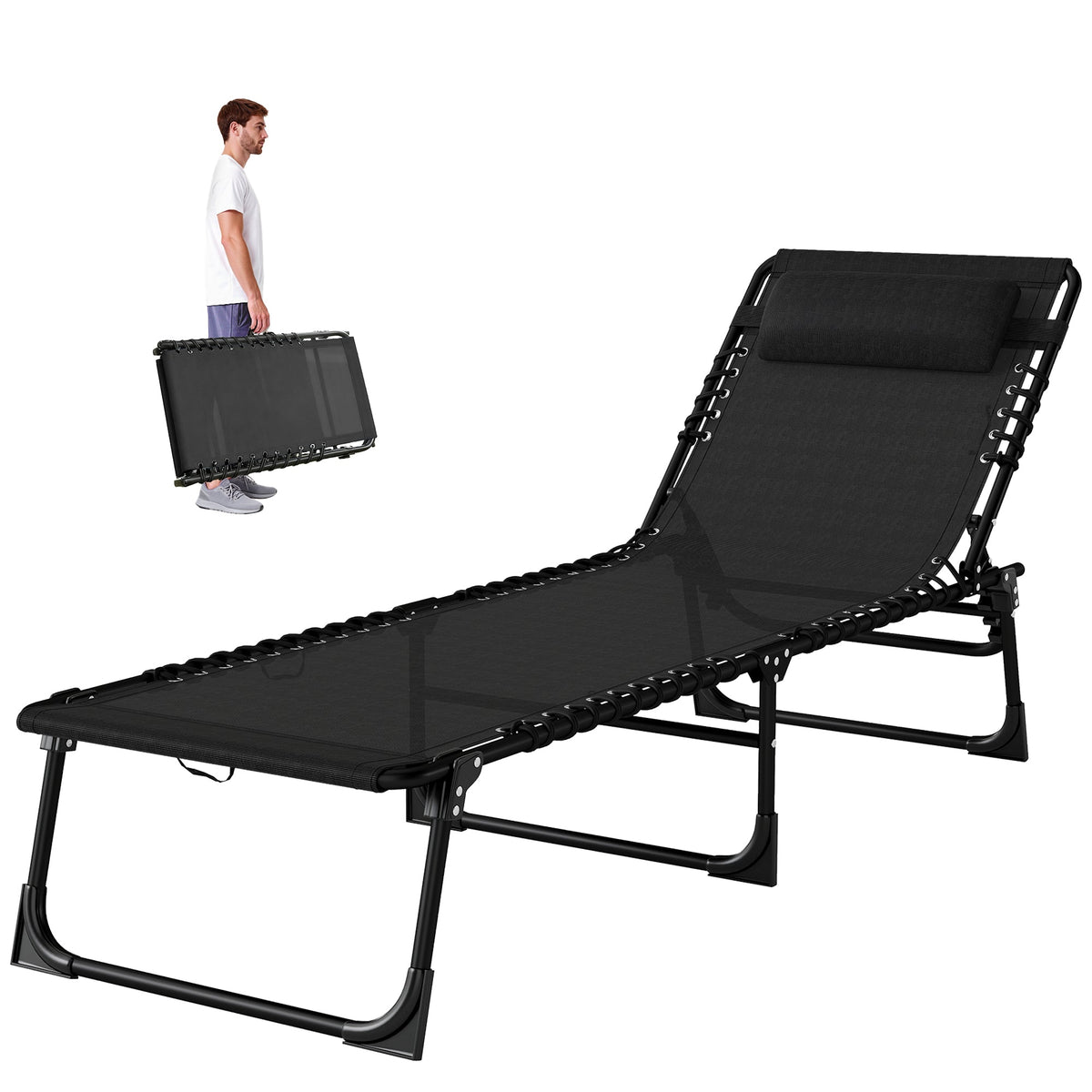 Folding Chaise Lounge Chair with 4-Position Reclining Back & Breathable Mesh Seat, Black — product view 2