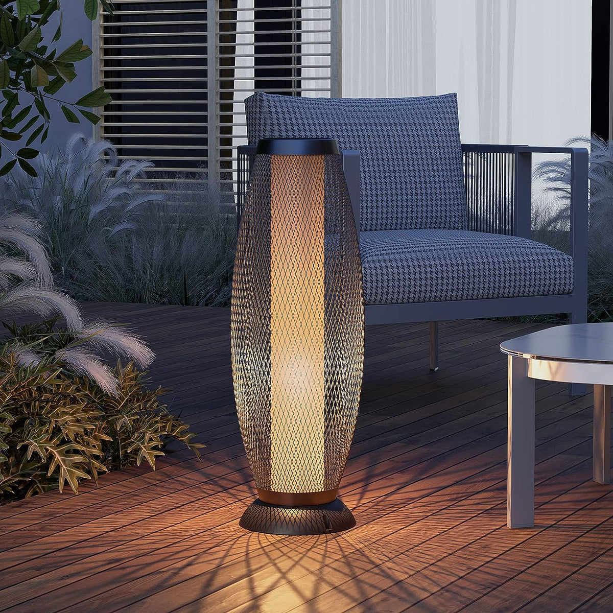 LOUNGE YARD Shadow Solar Powered 28"H Floor Lamp, Metal Wire Shade, LED Modern Outdoor Flickering Lantern — product view 2