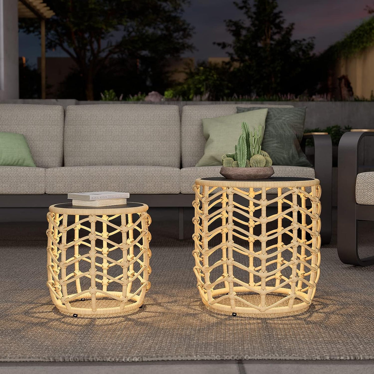 LOUNGE YARD Boho Style Wave Nesting Tables with Built-in Solar-power Lights Set of 2 — product view 1