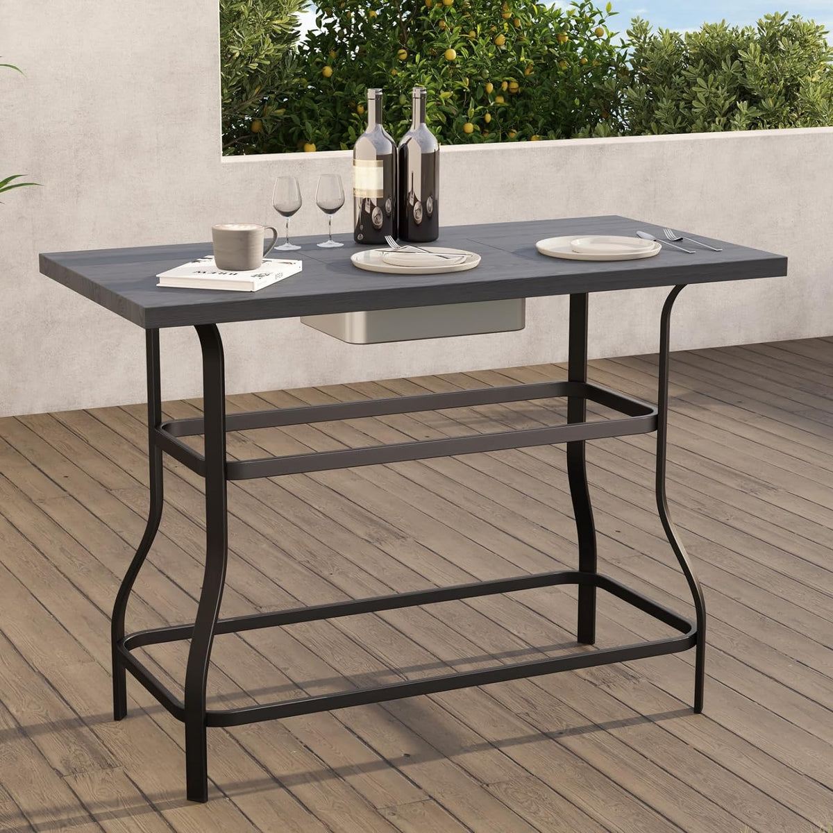 LOUNGE YARD Outdoor Bar Table, Faux Wood Grain Dining Table with Ice Bucket — product view 2