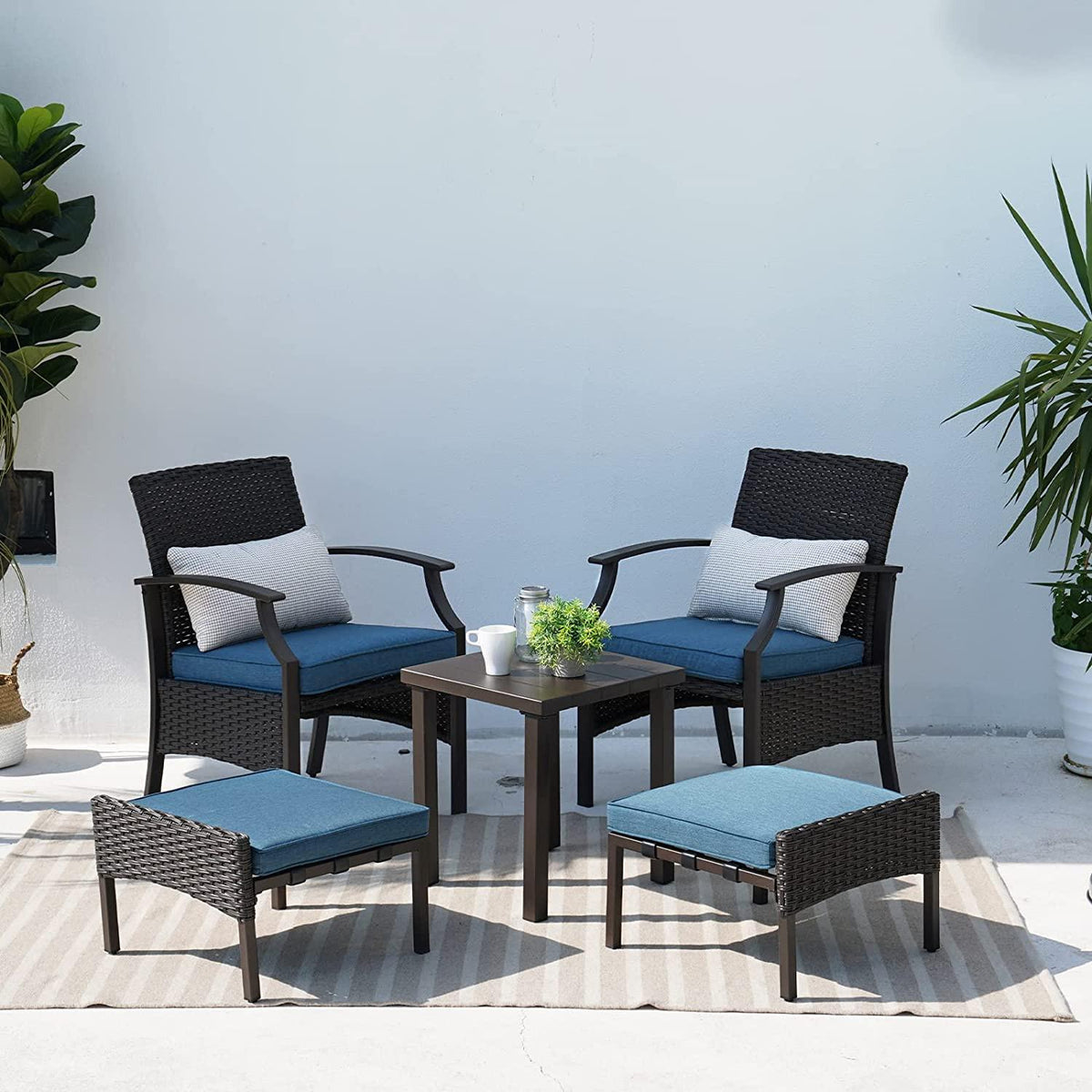 LOUNGE YARD 5 Pieces Outdoor Patio Furniture Sets Weather Resistant Wicker Outdoor Chairs with Ottomans and Coffee Tables — product view 6