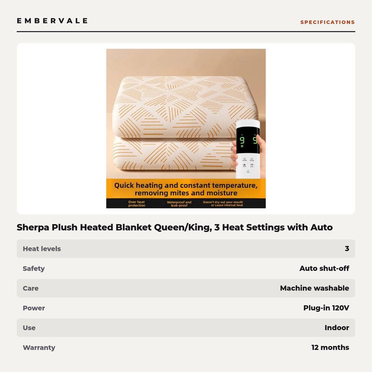 Sherpa Plush Heated Blanket Queen/King, 3 Heat Settings with Auto Shutoff, Fast-Heating Machine Washable Electric Throw — product view 4